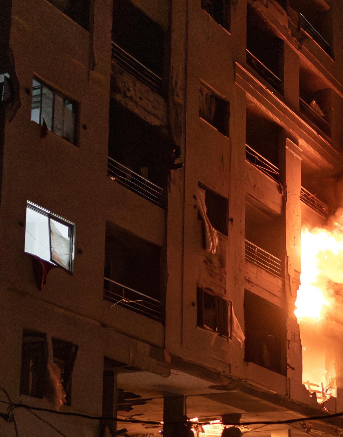 Israeli aircraft launched several strikes on an apartment building in the Al-Rimal neighborhood in central Gaza Strip, resulting in a number of casualties May 15, 2026. (Saher Alghorra/The New York Times)