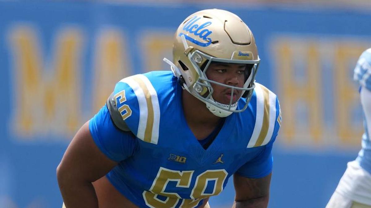  May 2, 2026; Pasadena, CA, USA; UCLA Bruins offensive lineman Jaylan Jeffers (58) during the spring game at Rose Bowl. Mandatory Credit: Kirby Lee-Imagn Images | Kirby Lee-Imagn Images 