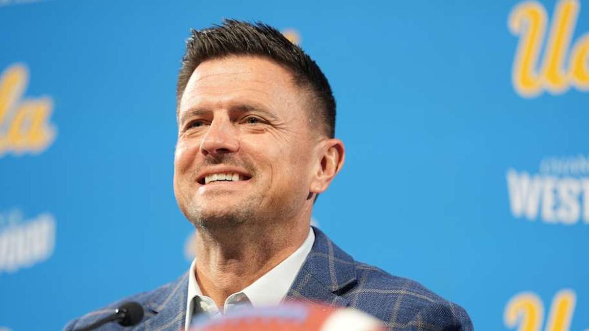  Dec 9, 2025; Los Angeles, CA, USA; Bob Chesney is introduced as UCLA Bruins football coach at press conference at Renee Luskin Conference Center Centennial Ballroom. Mandatory Credit: Kirby Lee-Imagn Images | Kirby Lee-Imagn Images 