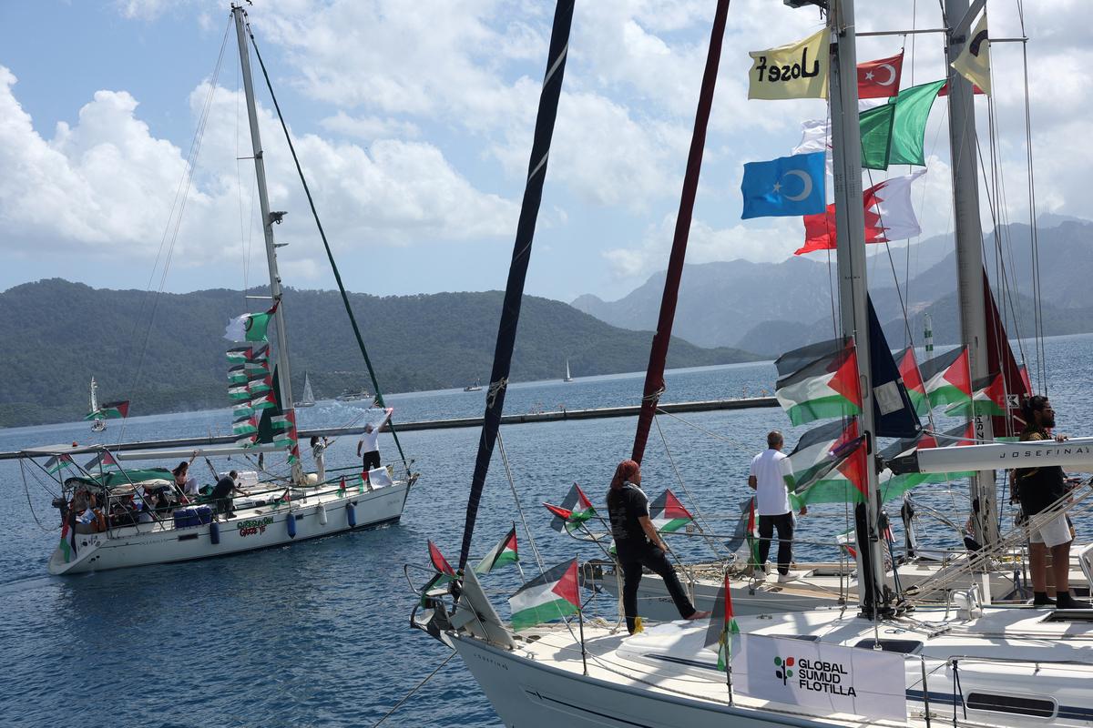 Boats taking part in the Global Sumud Flotilla, which aims to reach Gaza and break Israel’s naval blockade, set sail from a port in the southern Turkish resort of Marmaris, Turkey, May 14, 2026. REUTERS/Dilara Senkaya