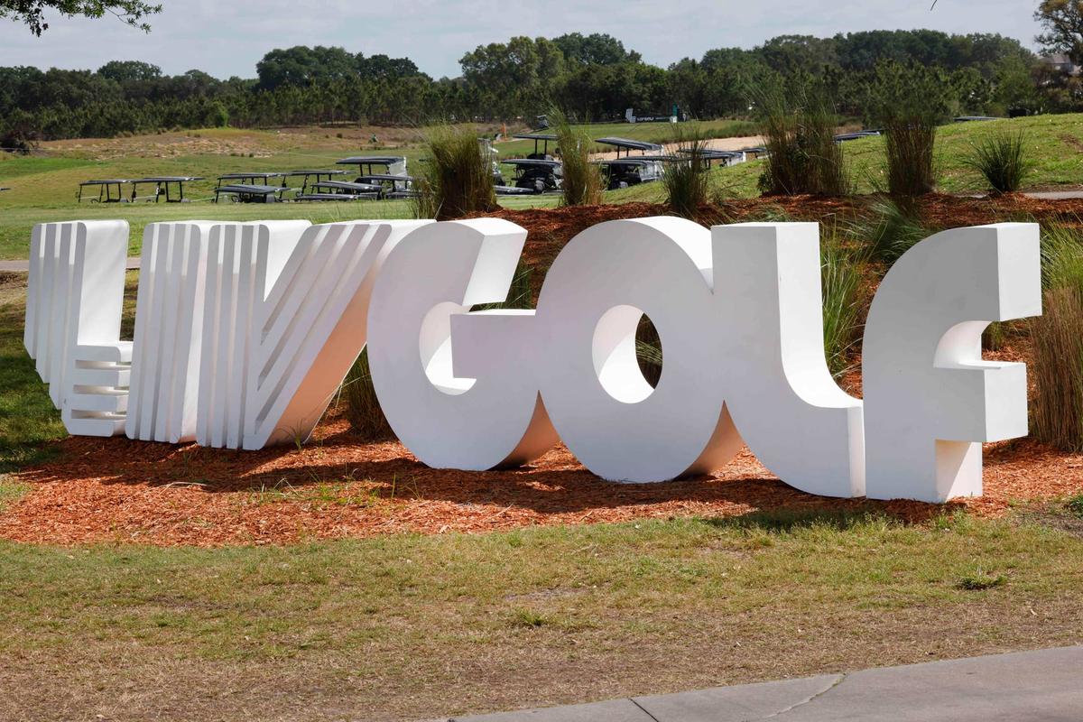  Mar 31, 2023; Orlando, Florida, USA; The LIV logo on display at the entrance before the first round of a LIV Golf event at Orange County National. Mandatory Credit: Reinhold Matay-USA TODAY Sports 