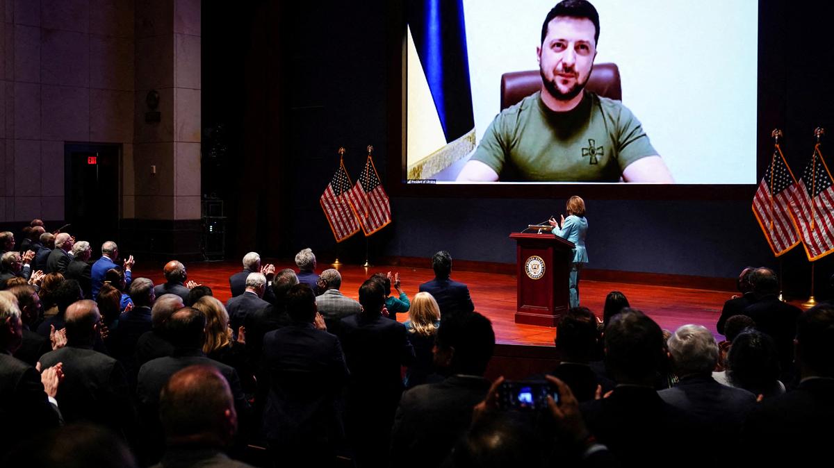 Ukraine’s President Volodymyr Zelenskiy delivers a video address to senators and members of the House of Representatives gathered in the Capitol Visitor Center Congressional Auditorium at the U.S. Capitol on March 16, 2022.