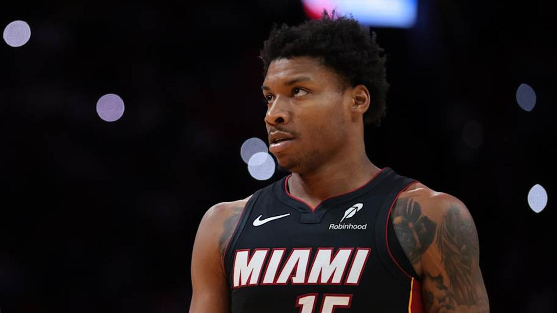  Mar 12, 2026; Miami, Florida, USA; Miami Heat forward Myron Gardner (15) looks on against the Milwaukee Bucks during the fourth quarter at Kaseya Center. Mandatory Credit: Sam Navarro-Imagn Images | Sam Navarro-Imagn Images 