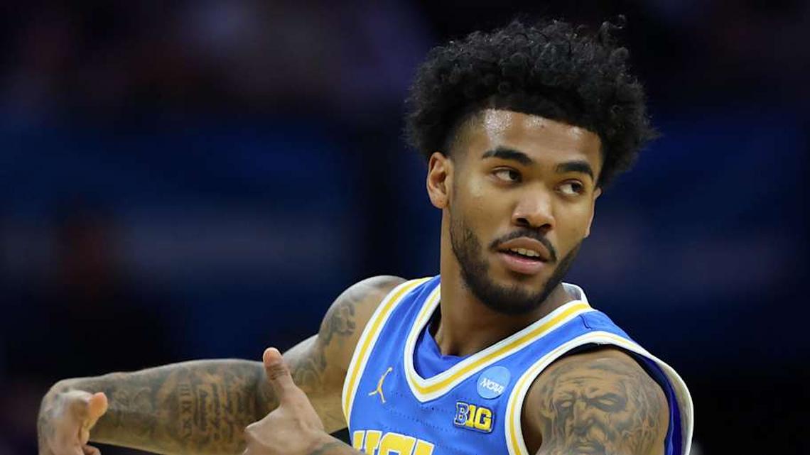  Mar 22, 2026; Philadelphia, PA, USA; UCLA Bruins guard Donovan Dent (2) reacts UConn Huskies in the first half during a second round game of the men's 2026 NCAA Tournament at Xfinity Mobile Arena. Mandatory Credit: Bill Streicher-Imagn Images | Bill Streicher-Imagn Images 