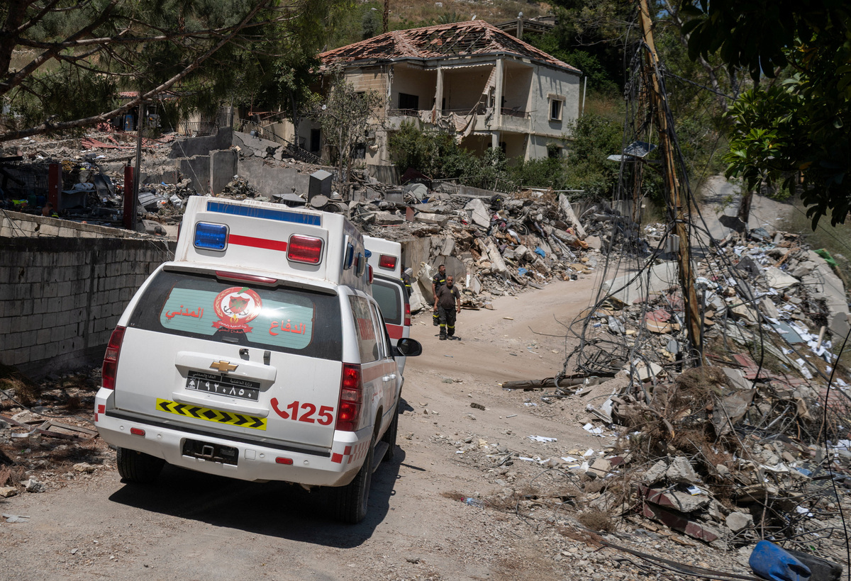 Ambulances of the government-run Lebanese Civil Defense, the country's primary firefighting, first aid, and rescue force, outside their headquarters in Nabatieh, Lebanon, June 17, 2026, following the deal between the United States and Iran. The headquarters was destroyed in an Israeli airstrike in May. REUTERS/Zohra Bensemra
