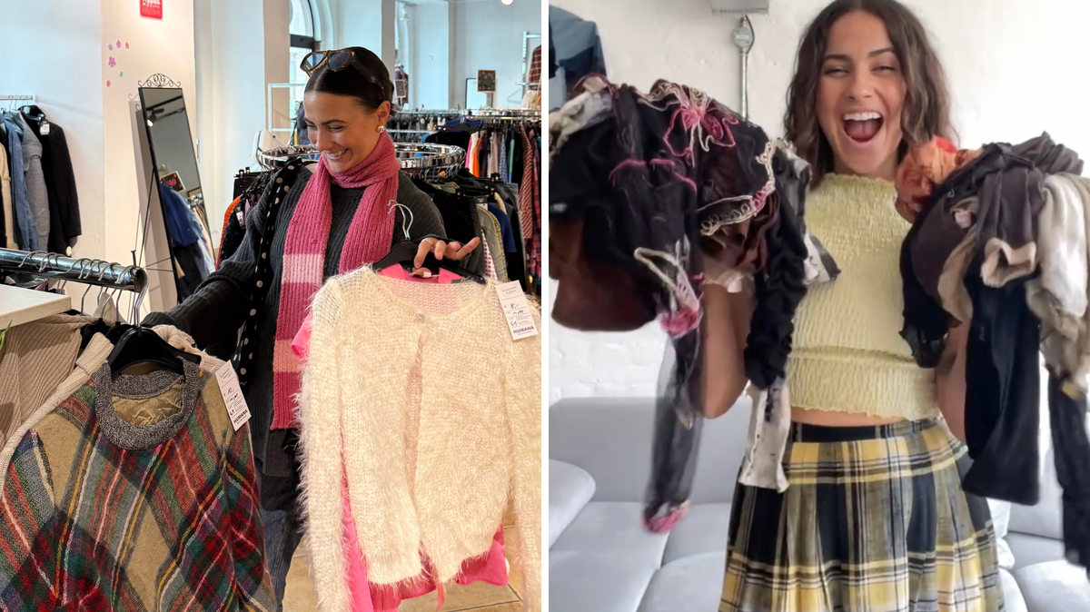 Two photos of Clow holding clothes in thrift stores. 