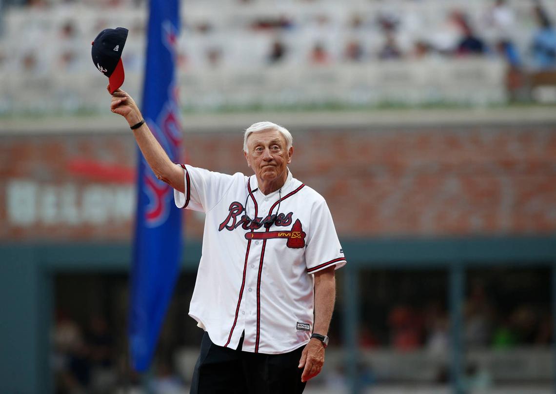  Atlanta Braves former pitcher Phil Niekro is honored prior to the first MLB game at SunTrust Park. Brett Davis-USA TODAY Sports via Imagn Images