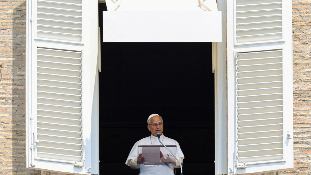 Pope Leo leads the Angelus prayer from a window of the Apostolic Palace at the Vatican o June 29, 2026. 