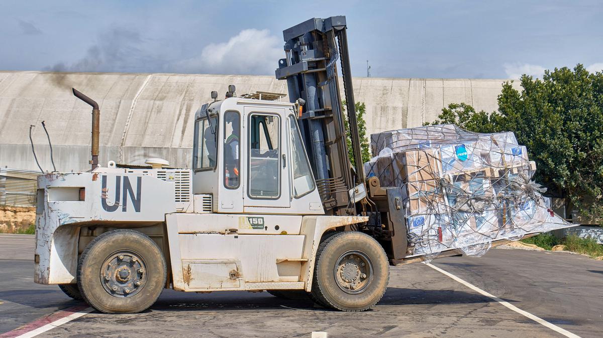 A UNICEF aid consignment for the Ebola outbreak caused by the Bundibugyo strain is carried on a forklift at Bunia National Airport in Bunia, Ituri province, Democratic Republic of Congo, May 28, 2026. REUTERS/Gradel Muyisa Mumbere