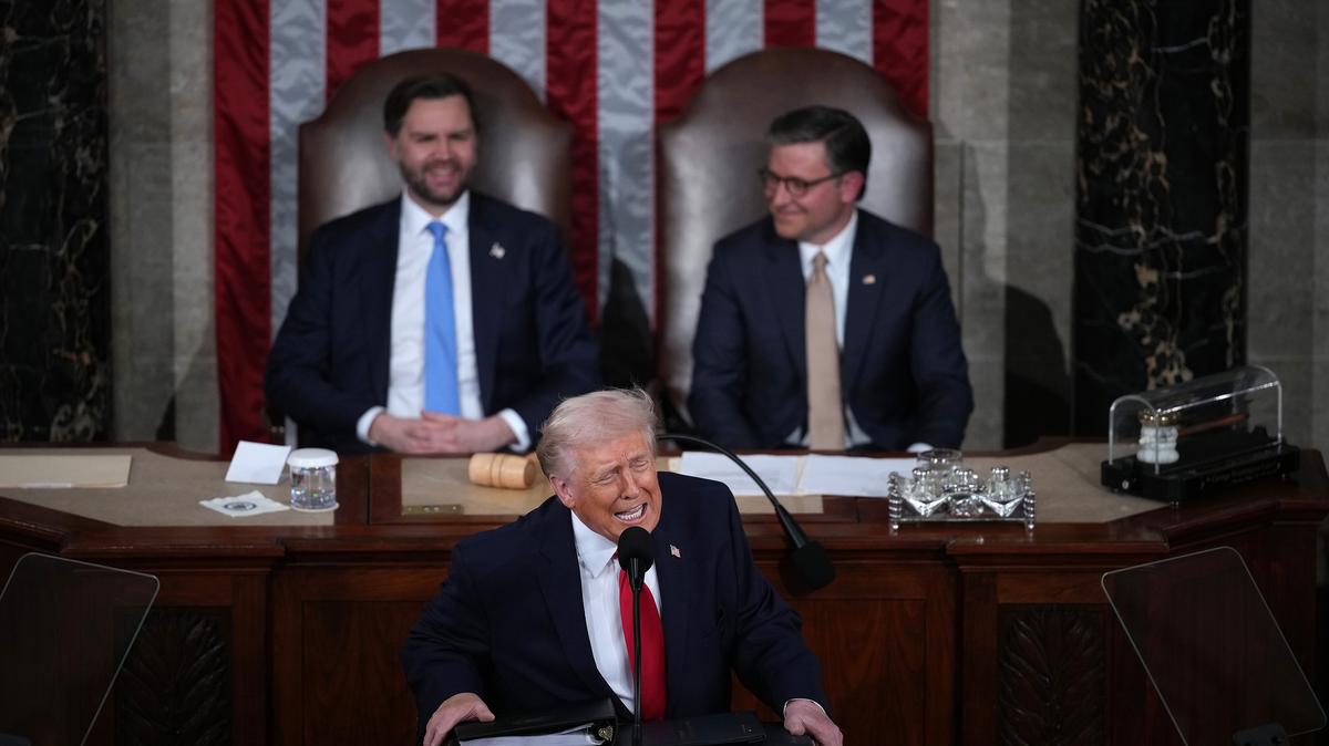 U.S. President Donald Trump, with Vice President JD Vance, left, and Speaker of the House Mike Johnson, R-La., looking on, delivers his State of the Union address during a Joint Session of Congress at the U.S. Capitol on Tuesday, Feb. 24, 2026, in Washington, D.C. (Andrew Harnik/Getty Images/TNS)