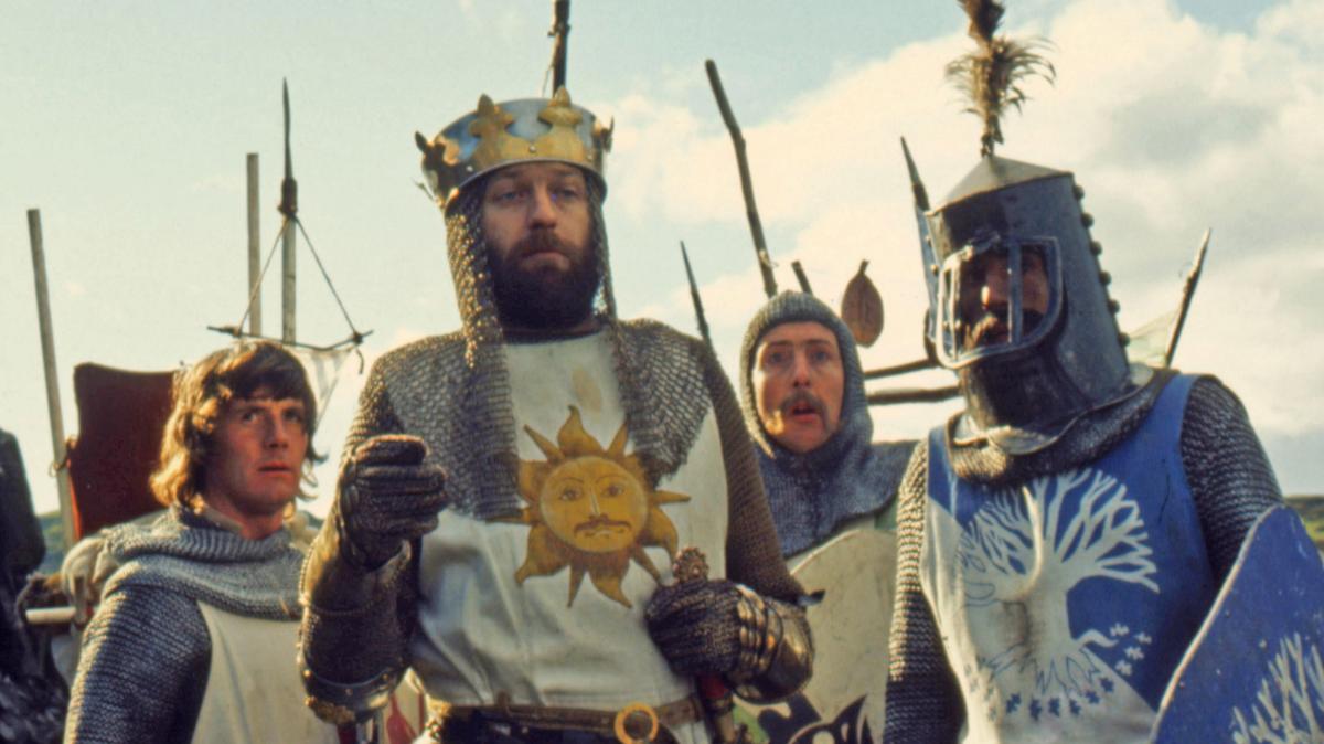 Michael Palin (left), Graham Chapman, Eric Idle and Terry Jones star in “Monty Python and the Holy Grail” appearing in select theaters May 4 and 7, 2025. Tickets may be obtained by going to www.FathomEntertainment.com and participating theater box offices. (Courtesy Shout Entertainment/TNS)