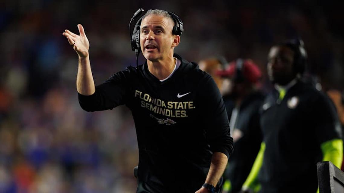  Nov 29, 2025; Gainesville, Florida, USA; Florida State Seminoles head coach Mike Norvell gestures against the Florida Gators during the second half at Ben Hill Griffin Stadium. Mandatory Credit: Matt Pendleton-Imagn Images | Matt Pendleton-Imagn Images 