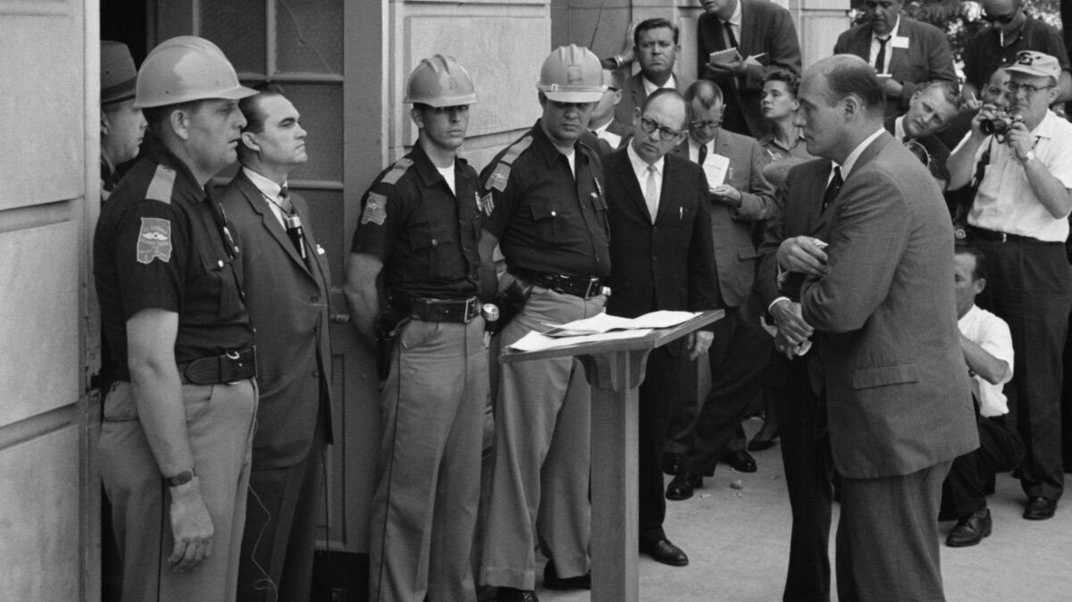 Alabama Gov. George Wallace blocks the enrollment of two Black students to the University of Alabama on June 11, 1963. File Photo by Warren K. Leffler/U.S. News & World Report Magazine/U.S. Library of Congress