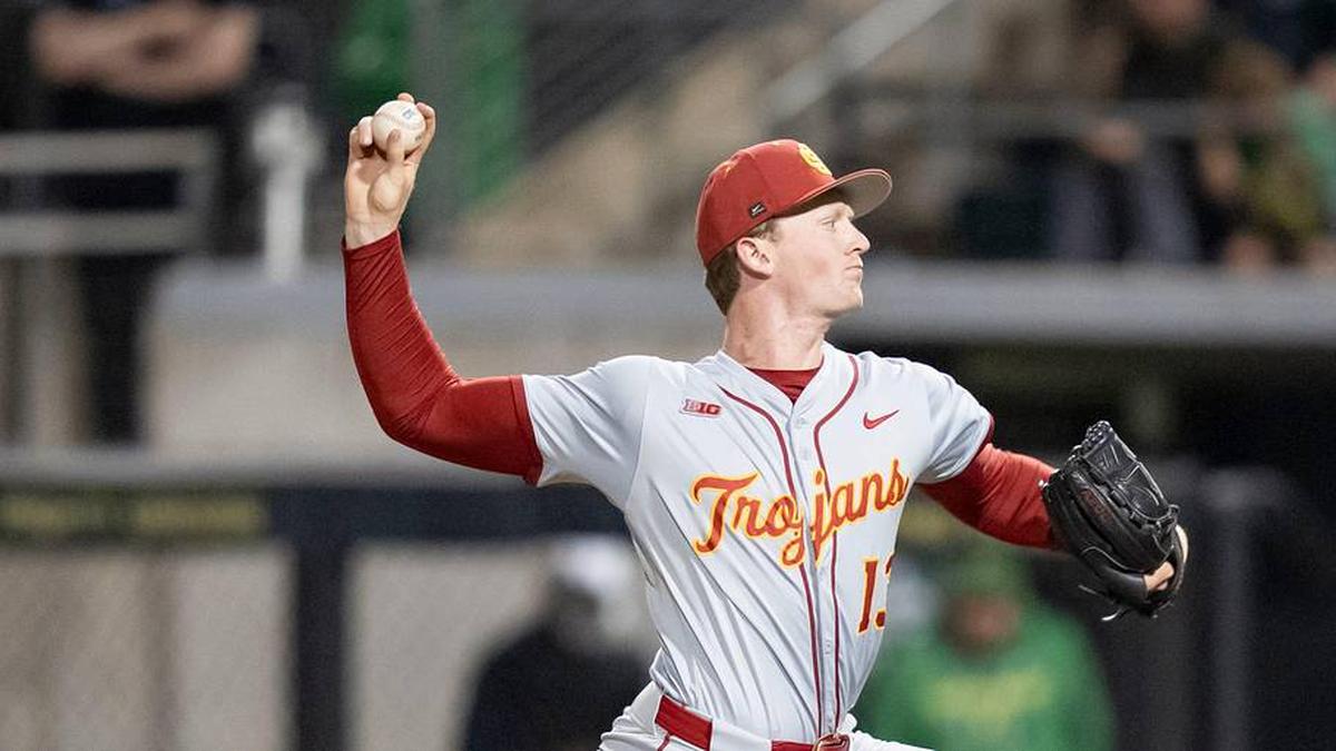  USC pitcher Andrew Johnson throws a pitch as the Oregon Ducks host the USC Trojans on May 14, 2026, in Eugene, Oregon. | Ben Lonergan/The Register-Guard / USA TODAY NETWORK via Imagn Images 