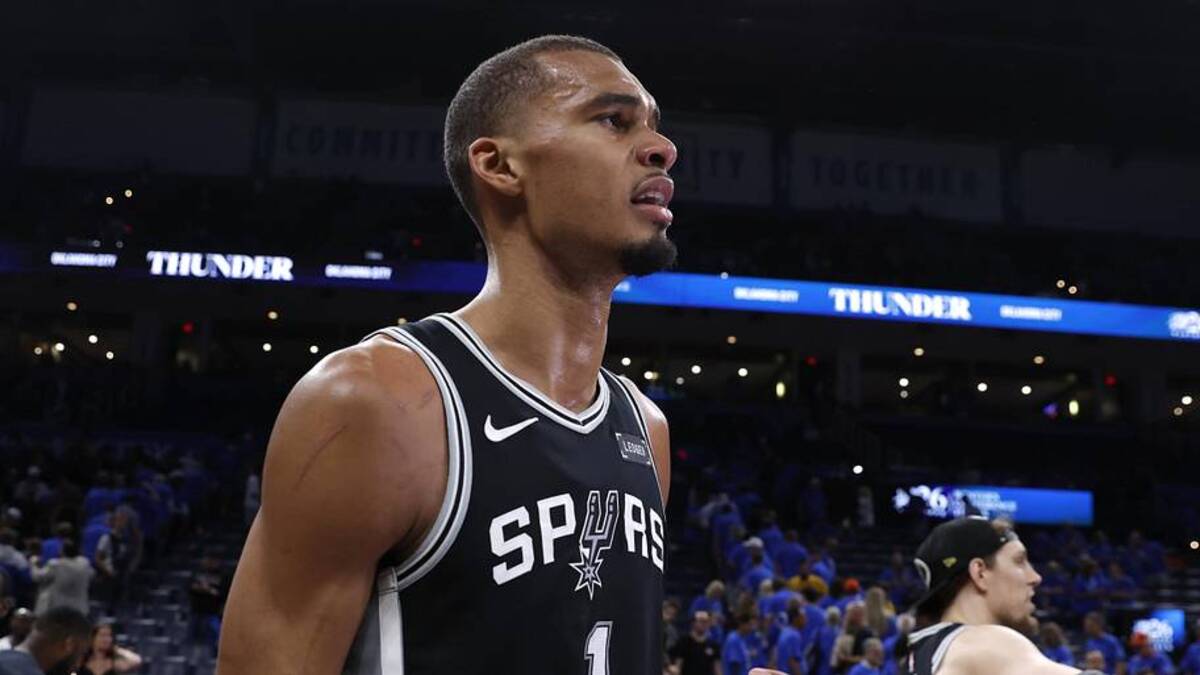  May 30, 2026; Oklahoma City, Oklahoma, USA; San Antonio Spurs forward Victor Wembanyama (1) celebrates after defeating the Oklahoma City Thunder in game seven of the western conference finals for the 2026 NBA playoffs at Paycom Center. | Alonzo Adams-Imagn Images 