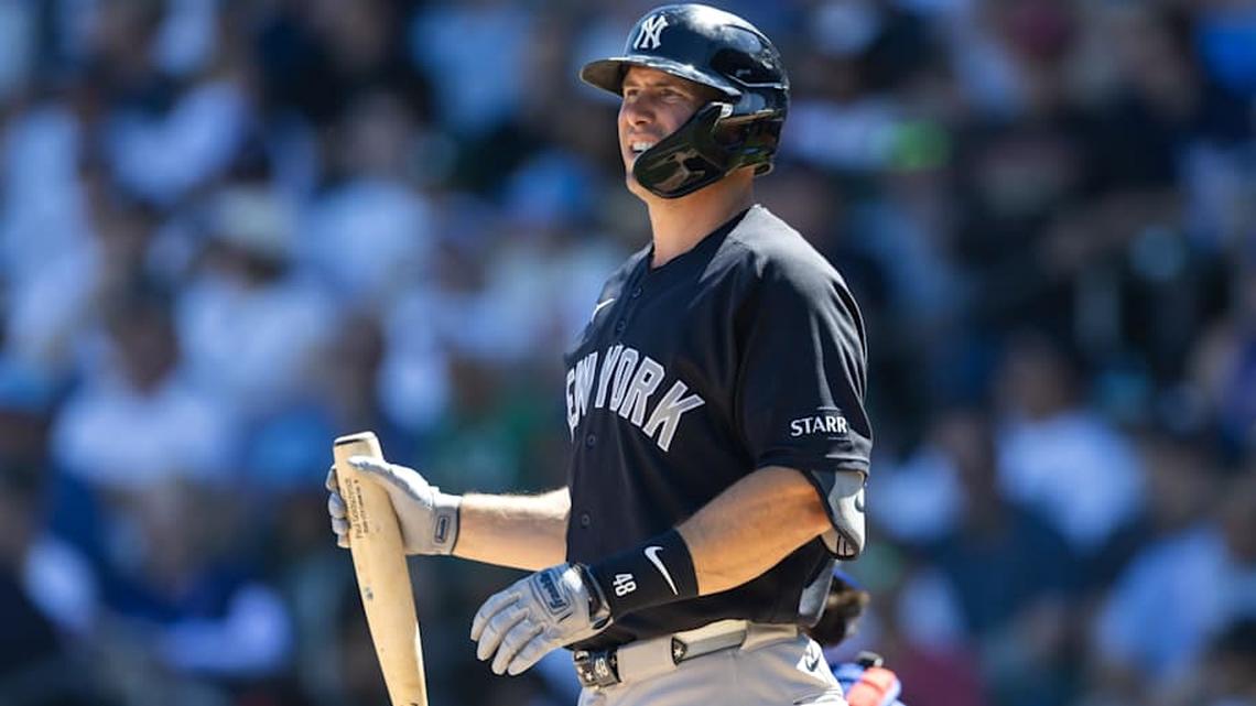  Mar 24, 2026; Mesa, Arizona, USA; New York Yankees first baseman Paul Goldschmidt against the Chicago Cubs during spring training at Sloan Park. | Mark J. Rebilas-Imagn Images 