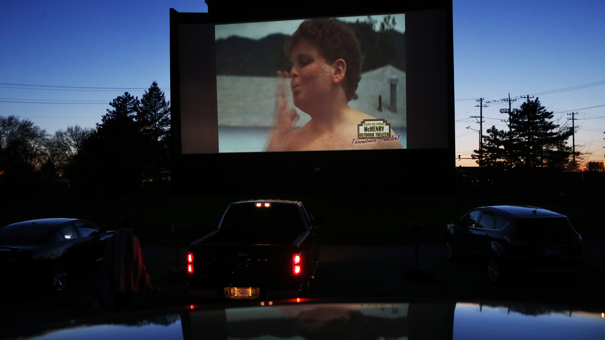 A throwback trailer from "The Sandlot" plays at McHenry Outdoor Theater on May 8, 2020, in McHenry. (Stacey Wescott/Chicago Tribune)