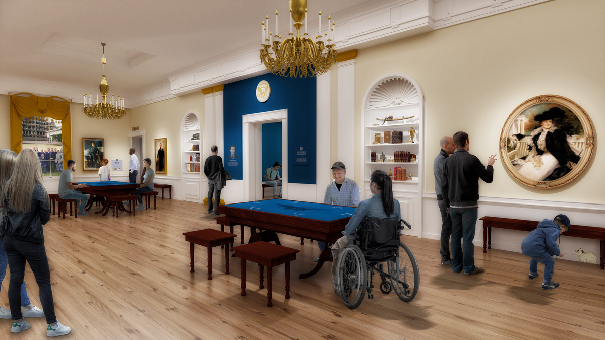 A rendering of the Theodore Roosevelt Presidential Library in Medora, North Dakota, shows where a painting of Abraham Lincoln will be on display. The library opens July 4. Local Projects via the Theodore Roosevelt Presidential Library
