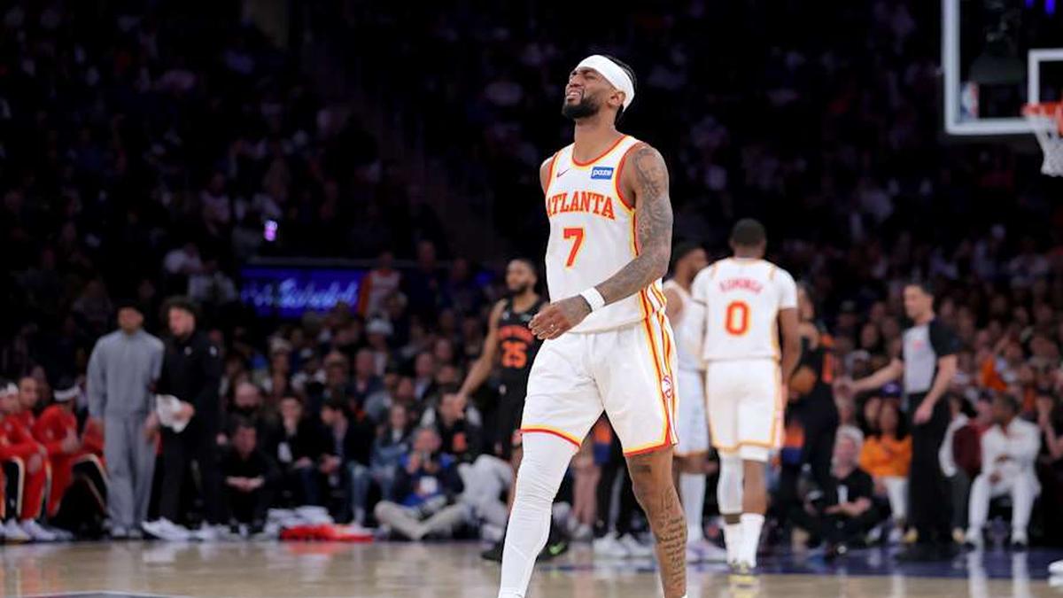  Apr 20, 2026; New York, New York, USA; Atlanta Hawks guard Nickeil Alexander-Walker (7) reacts during the first quarter of game two of the first round of the 2026 NBA Playoffs against the New York Knicks at Madison Square Garden. | Brad Penner-Imagn Images 