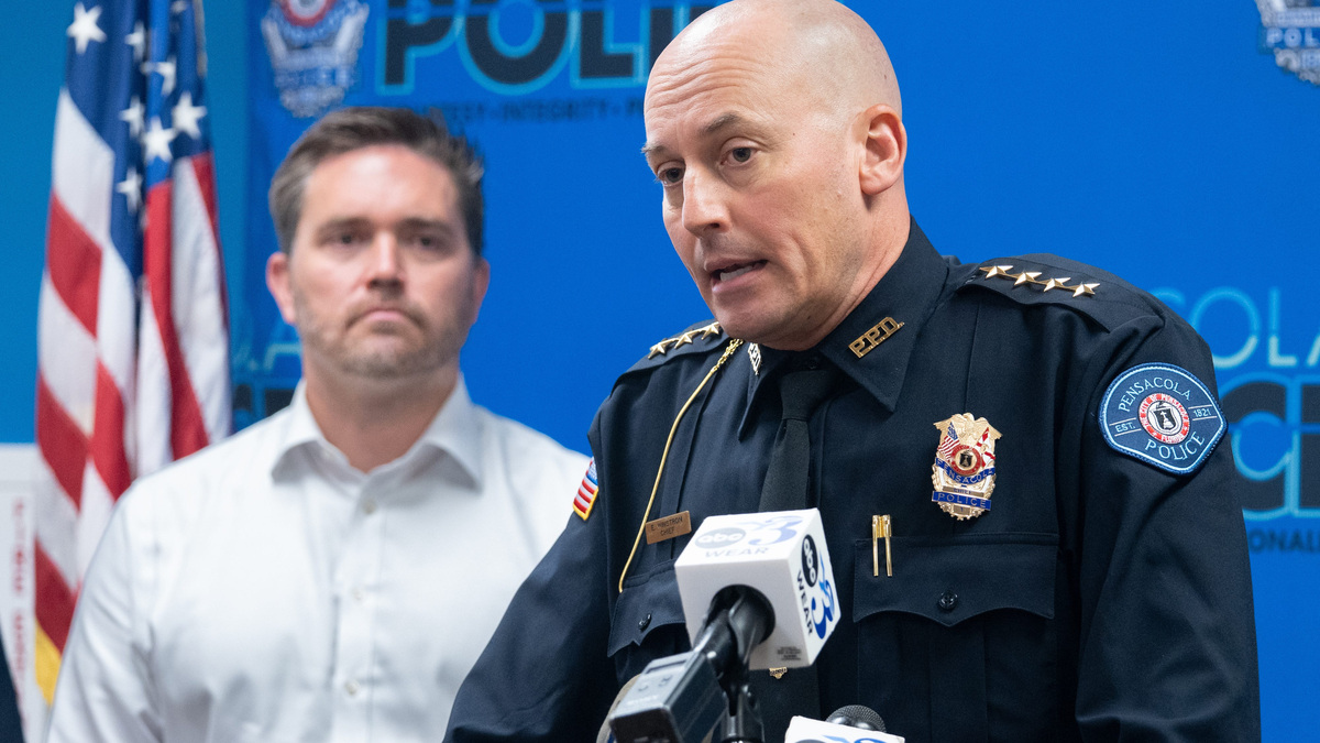 Chief Eric Winstrom, right, gives an update about the fatal shooting on Intendencia Street early on Sunday morning during a press conference at the Pensacola Police Department on July 6, 2026.