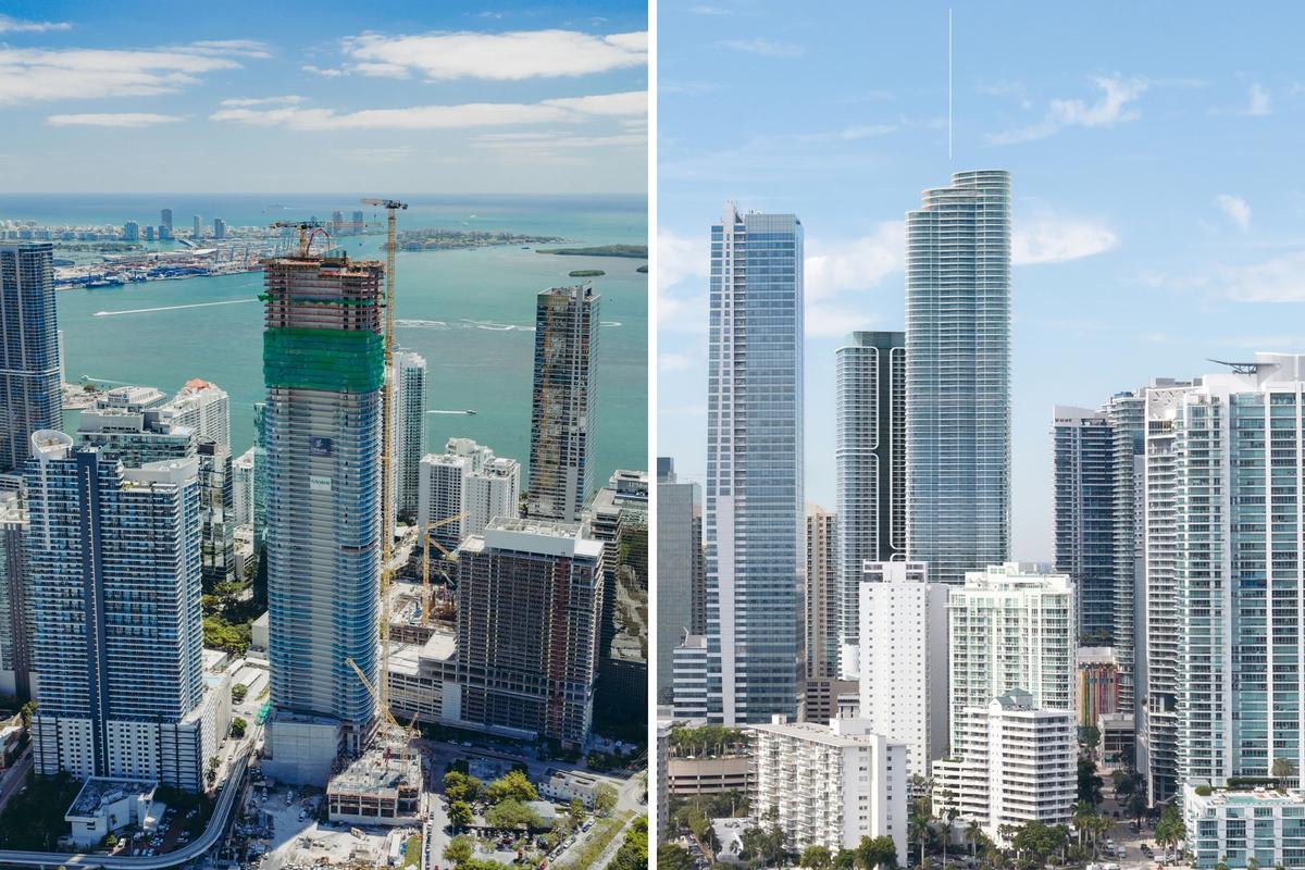  A view of the Cipriani Residences Miami under construction in April, left; a rendering of it, center of right image on. 