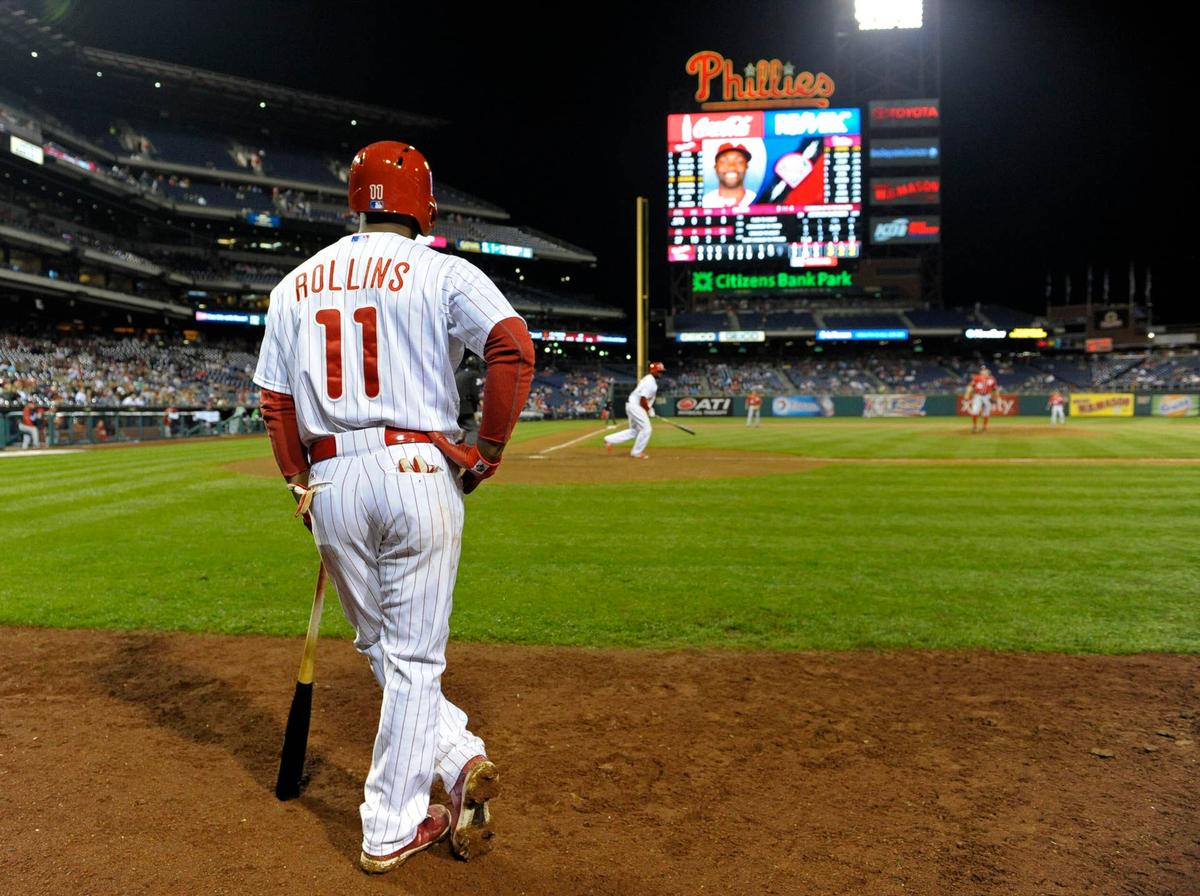  Philadelphia Phillies shortstop Jimmy Rollins waits in the on-deck circle at Citizens Bank Park. Imagn Images