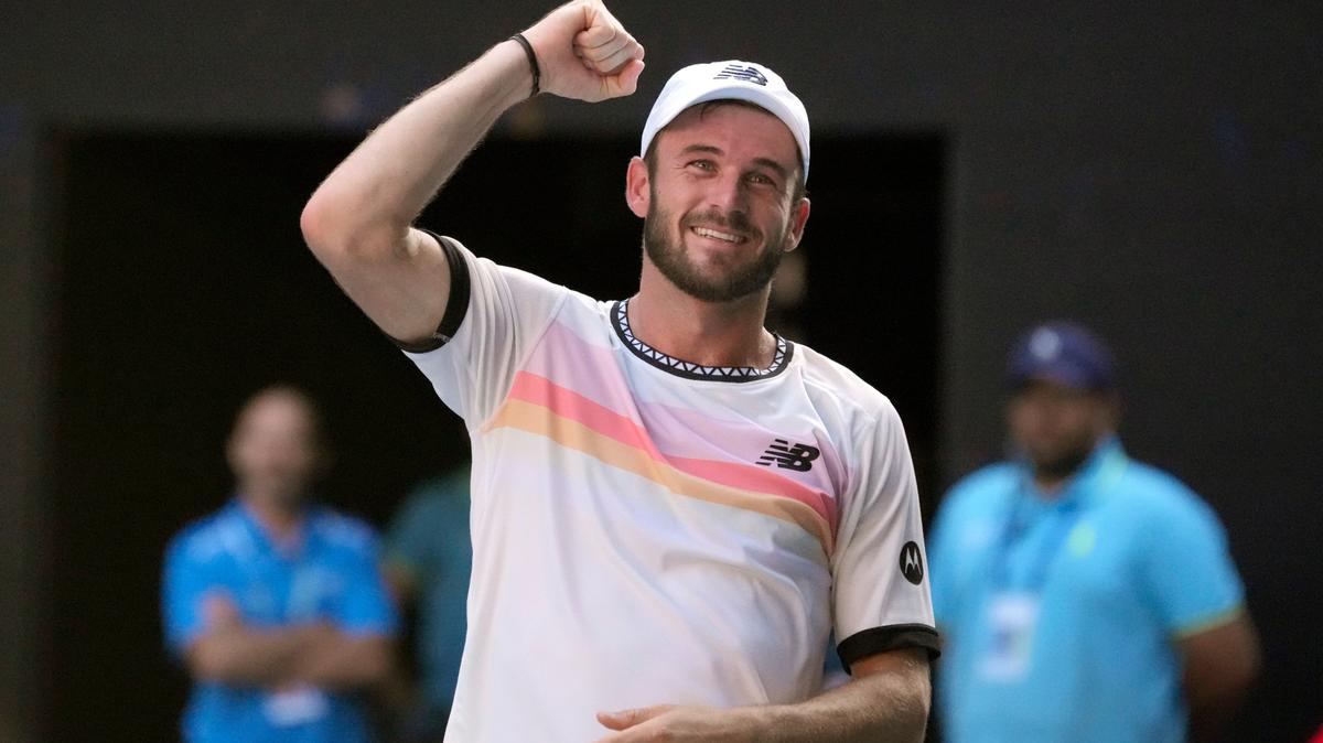 Tommy Paul of the U.S. celebrates after defeating compatriot Ben Shelton in their quarterfinal match at the Australian Open tennis championship in Melbourne, Australia, Wednesday, Jan. 25, 2023.