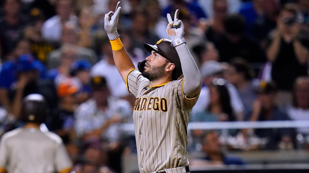 San Diego Padres’ Eric Hosmer gestures as he runs the bases after hitting a two-run home run against the New York Mets during the fourth inning of a baseball game Friday, July 22, 2022, in New York. (AP Photo/Frank Franklin II)