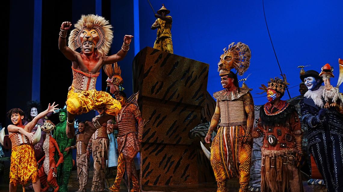 “The Lion King” cast appear at the curtain call following their first show back after the COVID-19 shutdown, at the Minskoff Theatre on Tuesday, Sept. 14, 2021, in New York. (Photo by Charles Sykes/Invision/AP)