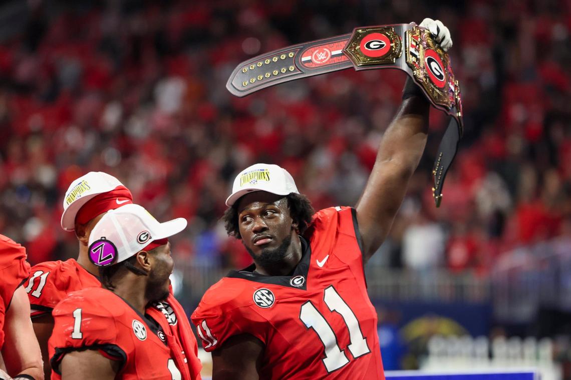 Georgia linebacker Jalon Walker celebrates the Bulldogs’ SEC Championship game win over Texas.
