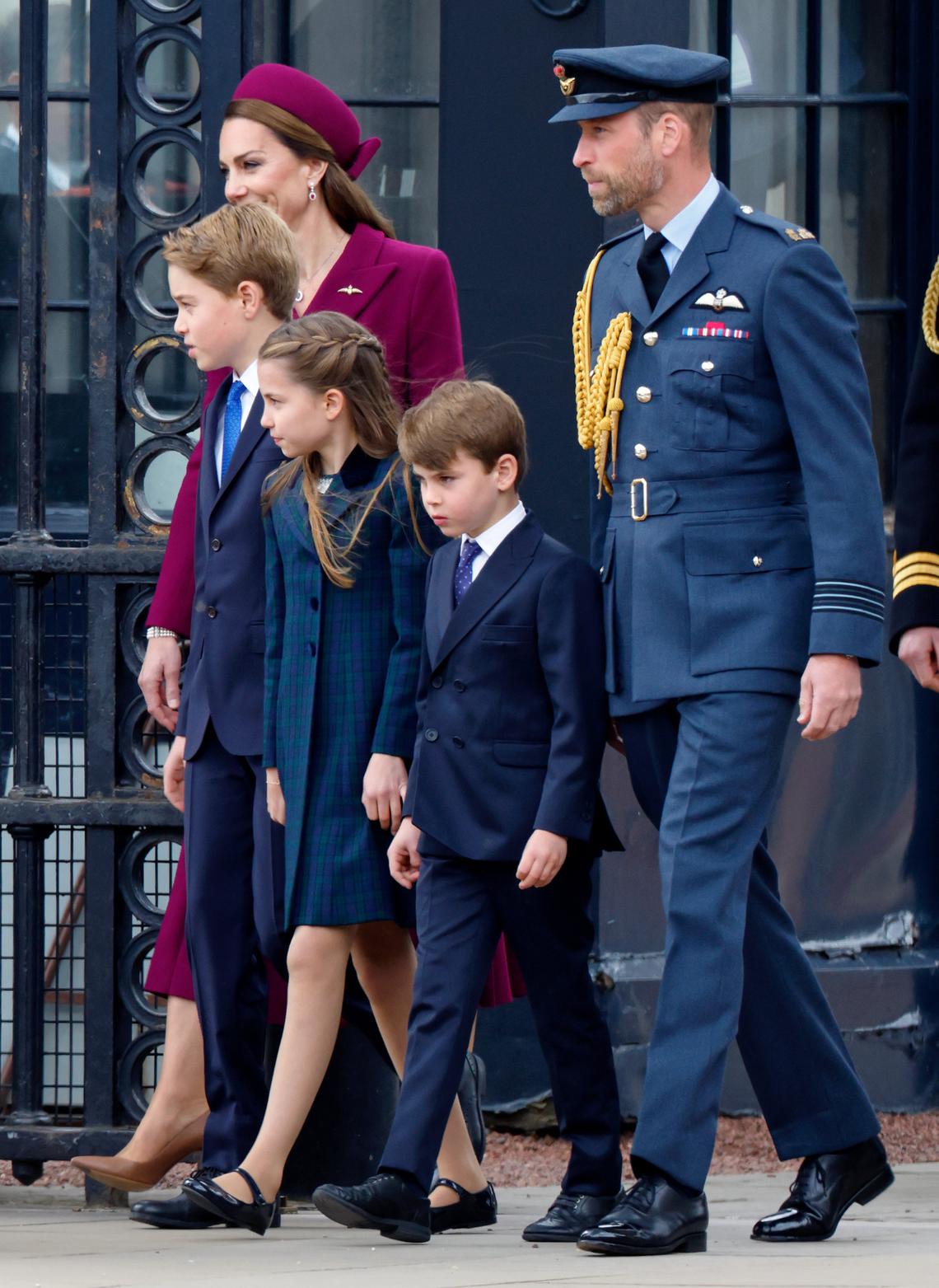 LONDON, UNITED KINGDOM - MAY 05: (EMBARGOED FOR PUBLICATION IN UK NEWSPAPERS UNTIL 24 HOURS AFTER CREATE DATE AND TIME) Catherine, Princess of Wales, Prince George of Wales, Princess Charlotte of Wales, Prince Louis of Wales and Prince William, Prince of Wales depart Buckingham Palace to watch a military procession, down The Mall, to mark the 80th anniversary of VE Day on May 5, 2025 in London, England. The King and Queen, joined by Members of the Royal Family, will take part in events from May 5th to May 8th to commemorate the 80th anniversary of VE Day, which signalled the end of the Second World War in Europe. (Photo by Max Mumby/Indigo/Getty Images)