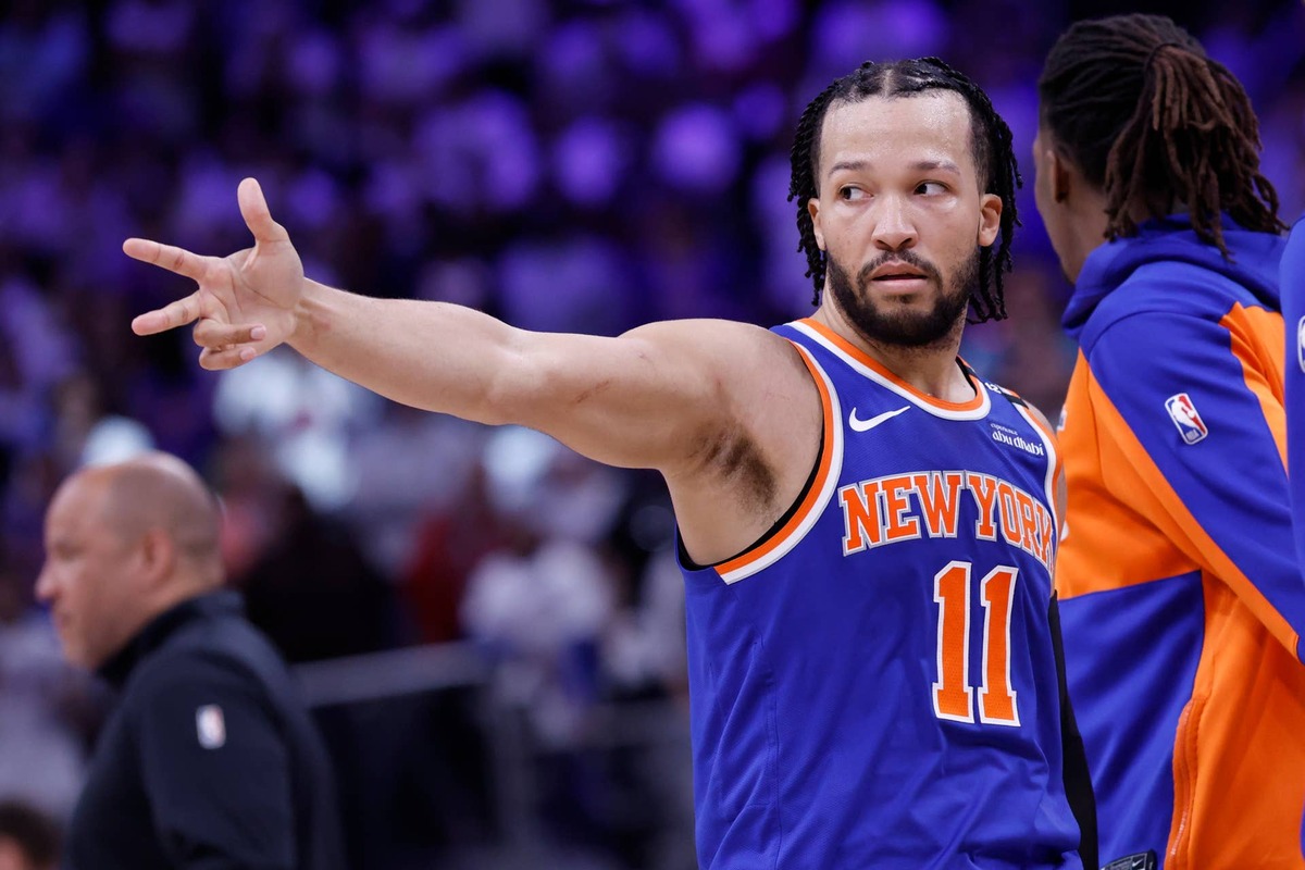  May 1, 2025; Detroit, Michigan, USA; New York Knicks guard Jalen Brunson (11) celebrates his three point basket in the fourth quarter against the Detroit Pistons during game six of first round for the 2024 NBA Playoffs at Little Caesars Arena. Mandatory Credit: Rick Osentoski-Imagn Images. 