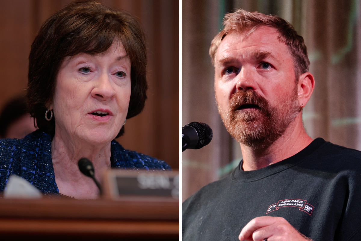  Senator Susan Collins, a Maine Republican, speaks during a Senate hearing in Washington, D.C. on December 9, 2025. Maine Senate candidate Graham Platner speaks at a town hall in Ogunquit, Maine on October 22, 2025. 