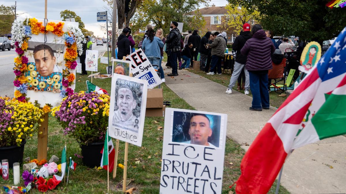 Attendees gather for a Day of the Dead altar building event for Silverio Villegas González on Nov. 1, 2025, near where he was shot in Franklin Park. Villegas González was shot and killed by Immigrations and Customs Enforcement on Sept. 12, 2025. (Dominic Di Palermo/Chicago Tribune/TNS)