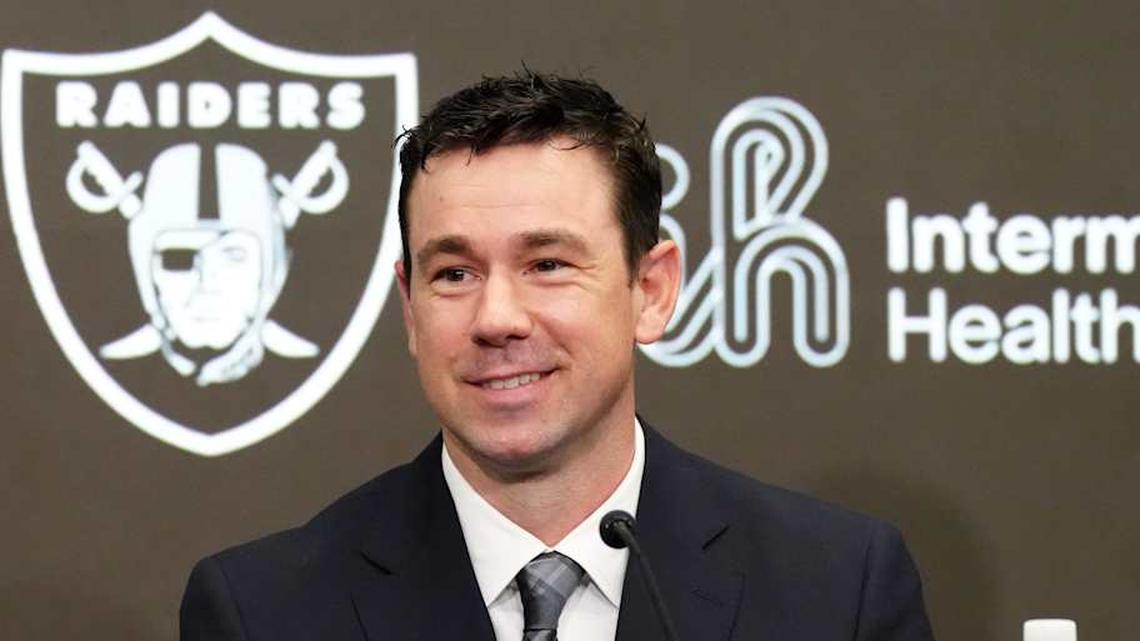  Feb 10, 2026; Henderson, NV, USA; Las Vegas Raiders coach Klint Kubiak speaks at introductory press conference at Intermountain Health Performance Center. Mandatory Credit: Kirby Lee-Imagn Images | Kirby Lee-Imagn Images 