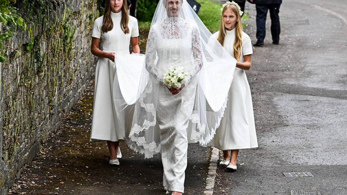 Harriet Sperling arrives for her wedding with Princess Anne's son Peter Phillips at All Saints' Church in Kemble, Cirencester, Britain, June 6, 2026.