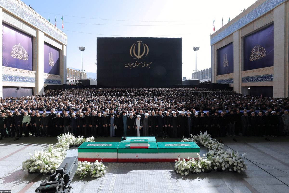 Iranian President Masoud Pezeshkian with officials attend a prayer during a public farewell ceremony to pay their respects to late Supreme Leader Ayatollah Ali Khamenei, who was killed on February 28 in Israeli and U.S. airstrikes, at the Imam Khomeini Grand Mosalla, in Tehran, Iran July 5, 2026. Office of the Iranian Supreme Leader/ Handout via REUTERS