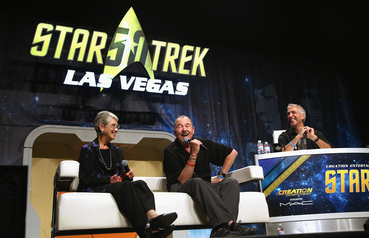 Actress Elinor Donahue, actor Gregory Itzin and television personality Scott Mantz speak during the “Amazing Talents That Have Graced Star Trek” panel at the 15th annual official Star Trek convention at the Rio Hotel & Casino on August 3, 2016, in Las Vegas, Nevada.Gabe Ginsberg/Getty Images