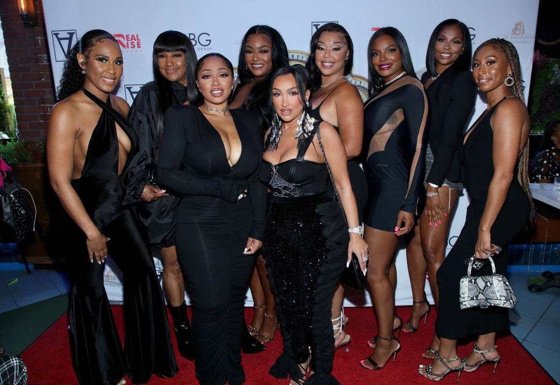 LOS ANGELES, CALIFORNIA - MAY 16: (L-R) Cast members Nia Dorsey, Jackie Christie, Brittish Williams, Brandi Maxiell, Angel Brinks, DJ Duffey, Brooke Bailey, Jennifer Williams and Noria Dorsey attend VH1’s “Basketball Wives” Private Premiere Viewing Party at Proabition DTLA on May 16, 2022 in Los Angeles, California. (Photo by Robin L Marshall/Getty Images)