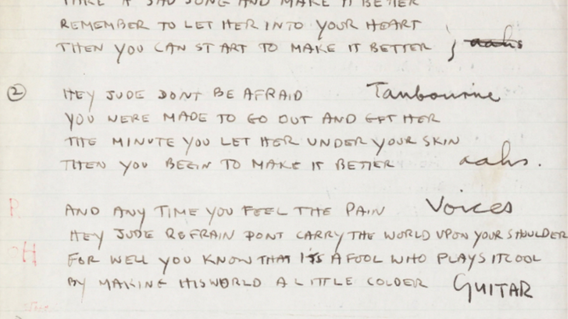 Paul McCartney's handwritten ‘Hey Jude' lyrics up for sale