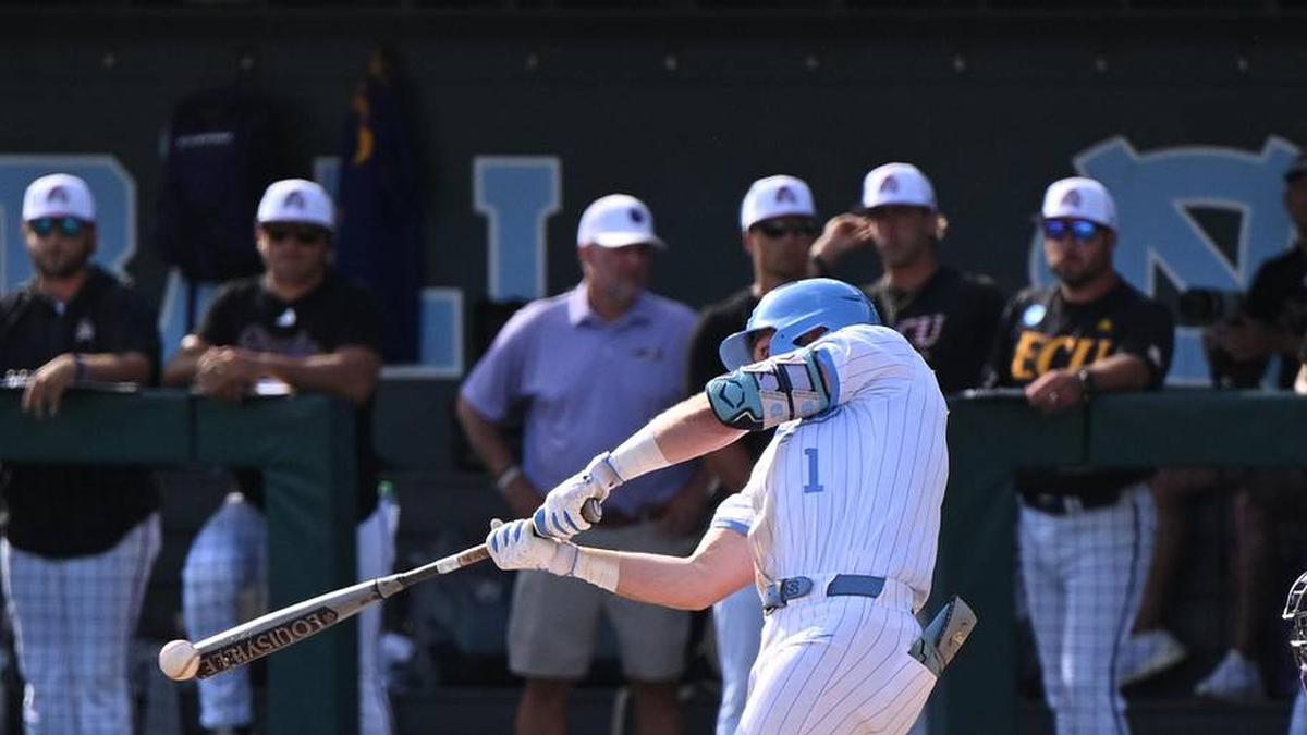  May 31, 2026; Chapel Hill, NC, USA; North Carolina Tar Heels infielder Cooper Nicholson (1) hits the ball against the East Carolina Pirates during the Chapel Hill Regional at Boshamer Stadium. Mandatory Credit: William Howard-Imagn Images | William Howard-Imagn Images 