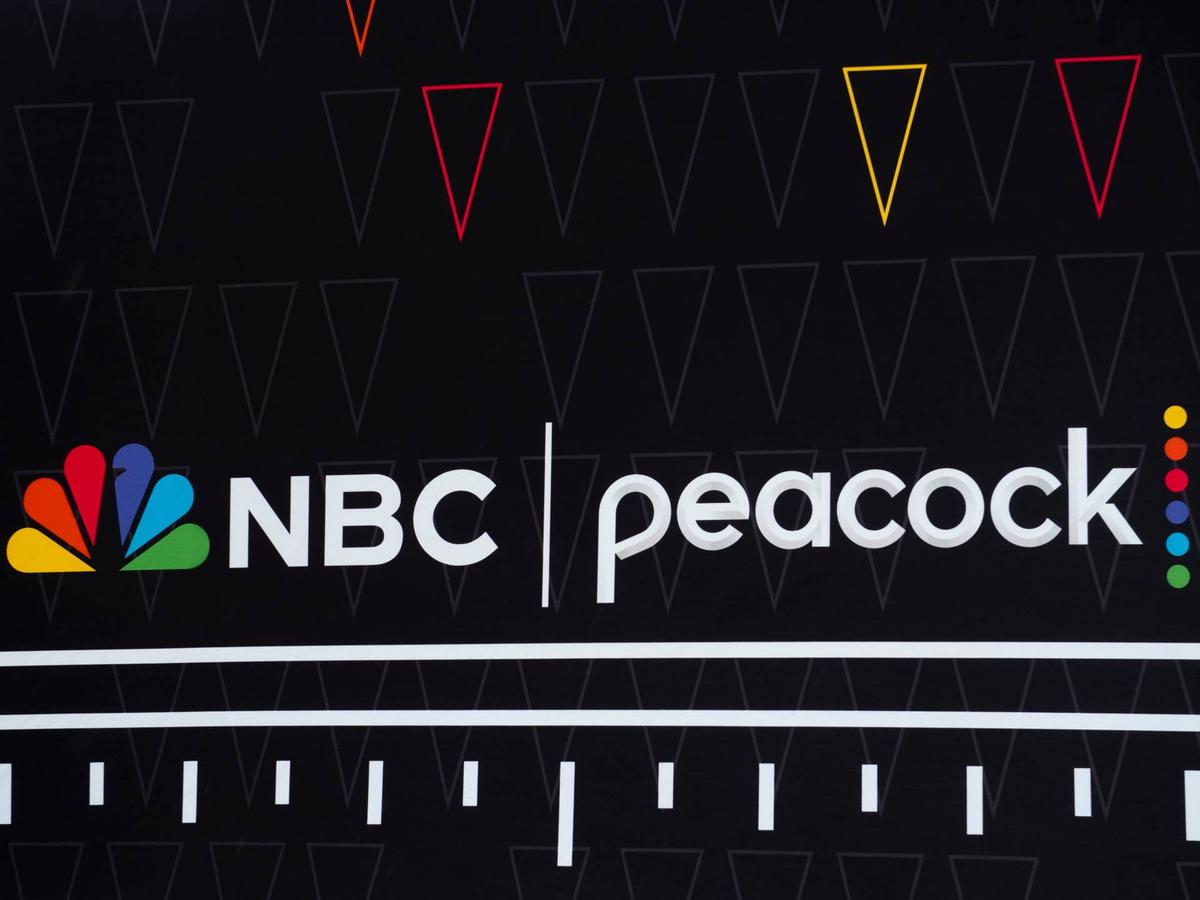  SOUTH BEND, IN - OCTOBER 14: A general view of a NBC and peacock logo before the college football game between the USC Trojans and Notre Dame Fighting Irish on October 14, 2023, at Notre Dame Stadium in South Bend, IN. (Photo by Joseph Weiser/Icon Sportswire via Getty Images) 