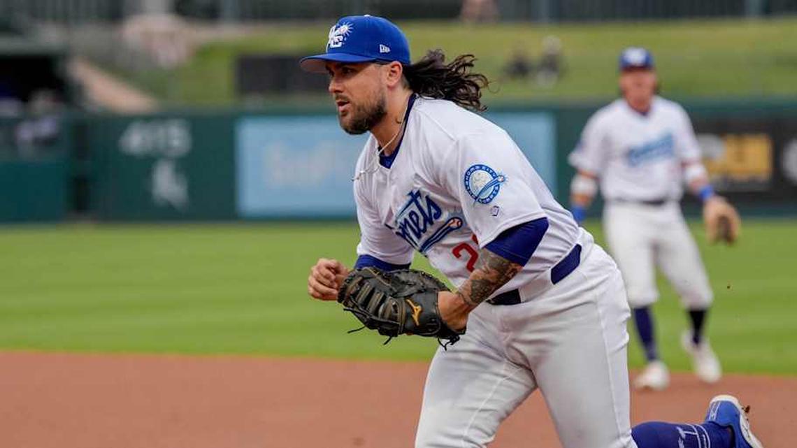  Oklahoma City infielder Michael Chavis (22) fields a ground ball and runs to first base to force out a runner during the home opener Minor League baseball game between the Oklahoma City Comets and the El Paso Chihuahuas at Chickasaw Bricktown Ballpark in Oklahoma City on Tuesday, April 1, 2025. | NATHAN J. FISH/THE OKLAHOMAN / USA TODAY NETWORK via Imagn Images 