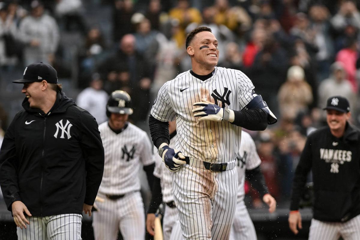  May 24, 2026; Bronx, New York, USA; New York Yankees right fielder Aaron Judge (99) reacts after hitting a walk off two run home run against the Tampa Bay Rays during the ninth inning at Yankee Stadium. Mandatory Credit: John Jones-Imagn Images 