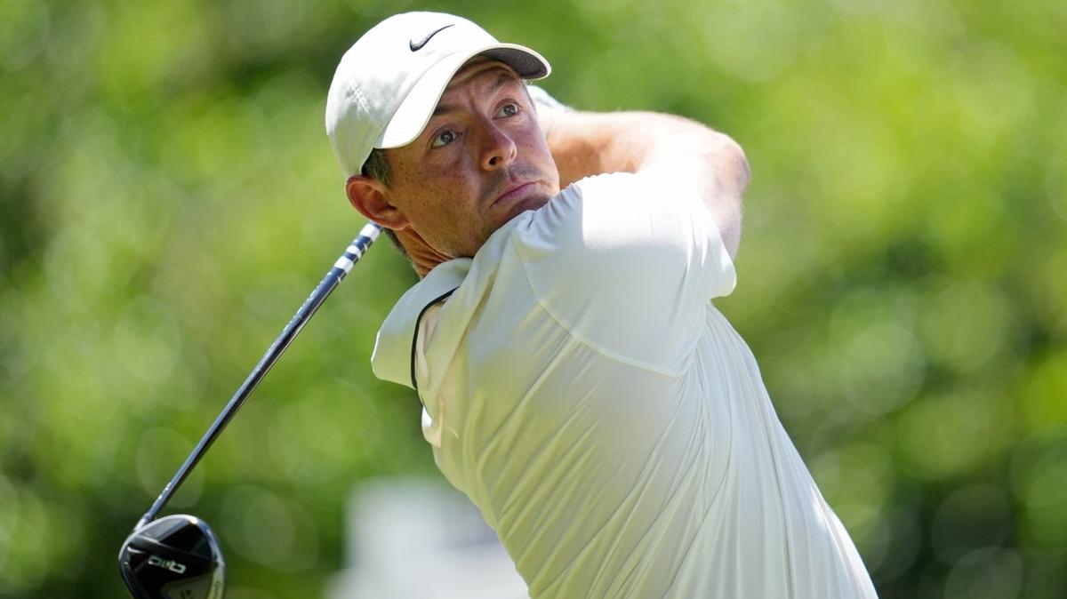
                   May 18, 2025; Charlotte, North Carolina, USA; Rory McIlroy tees off on the 14th hole during the final round of the PGA Championship golf tournament at Quail Hollow. Mandatory Credit: Aaron Doster-Imagn Images 
                