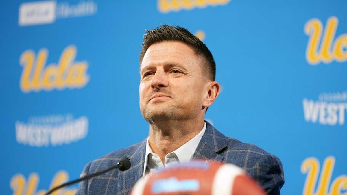  Dec 9, 2025; Los Angeles, CA, USA; Bob Chesney is introduced as UCLA Bruins football coach at press conference at Renee Luskin Conference Center Centennial Ballroom. Mandatory Credit: Kirby Lee-Imagn Images | Kirby Lee-Imagn Images 