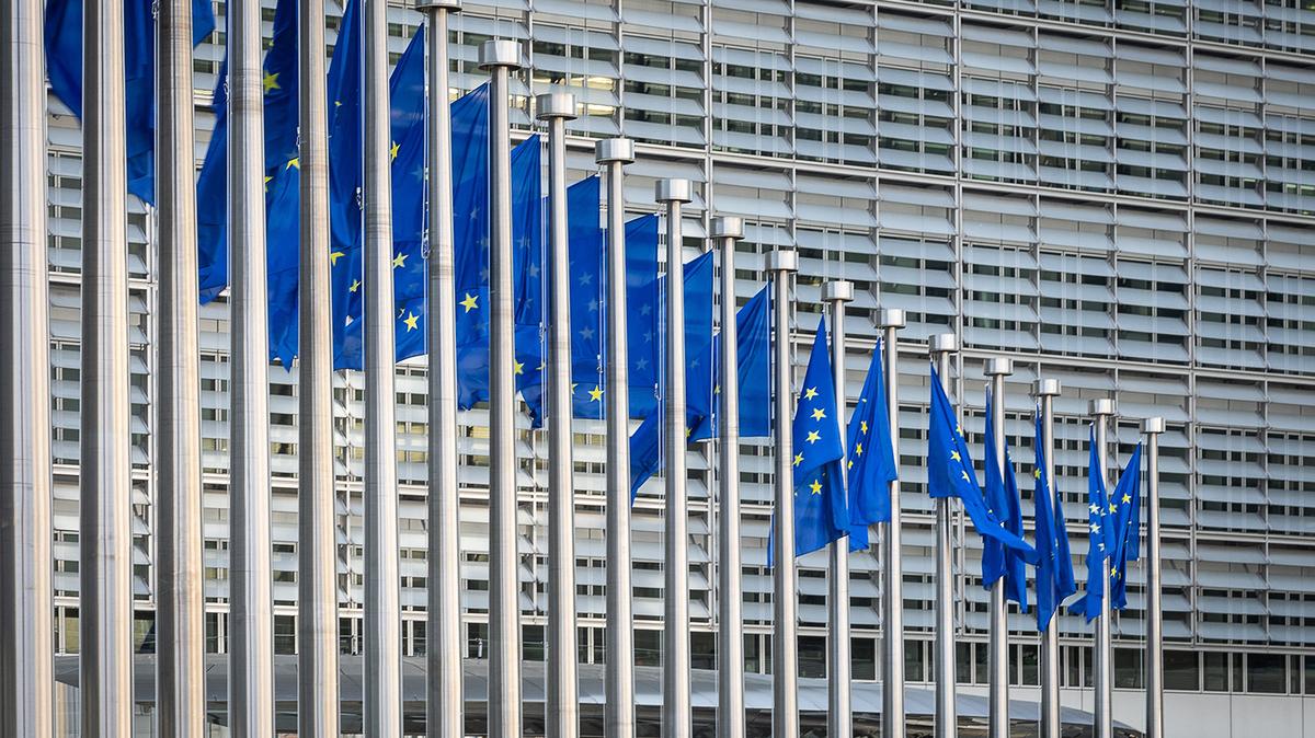 A picture taken in Brussels on April 18, 2023, shows European flags at the Berlaymont building which houses the headquarters of the European Commission, the executive branch of the European Union (EU). (James Arthur Gekiere/Belga/AFP via Getty Images/TNS)