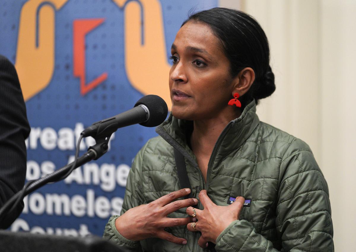  Los Angeles Councilmember Nithya Raman speaks during a press conference in North Hollywood on January 23, 2024. 