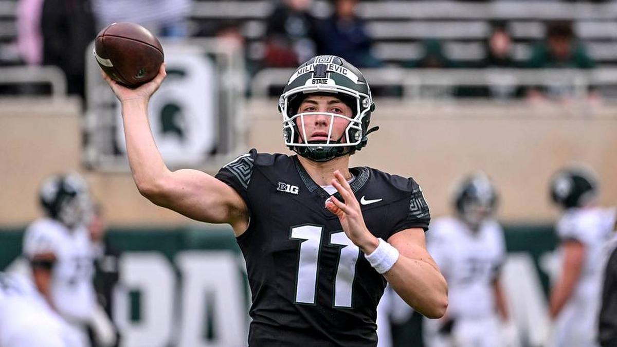  Michigan State's Alessio Milivojevic wars up before the football Spring Showcase on Saturday, April 18, 2026, at Spartan Stadium in East Lansing. | Nick King/Lansing State Journal / USA TODAY NETWORK via Imagn Images 