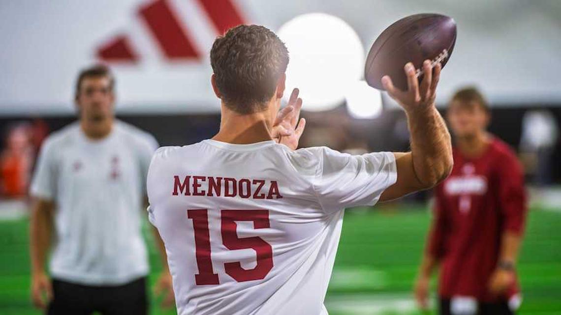  Fernando Mendoza participates in Indiana University's Pro Day at Mellencamp Pavilion on Wednesday, April 1, 2026. | Rich Janzaruk/Herald-Times / USA TODAY NETWORK via Imagn Images 